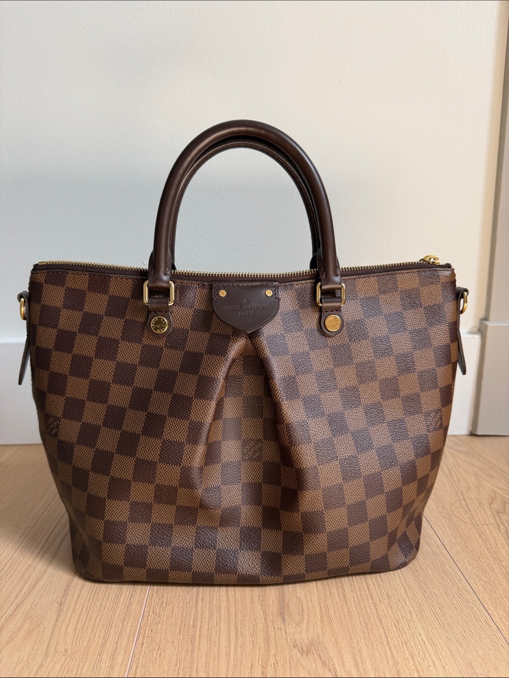 Louis Vuitton Brown Damier Ebene Satchel with Gold Hardware